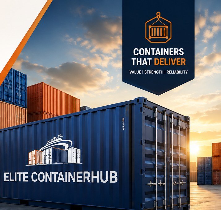 Elite Container Hub shipping containers stacked at a container yard at sunset